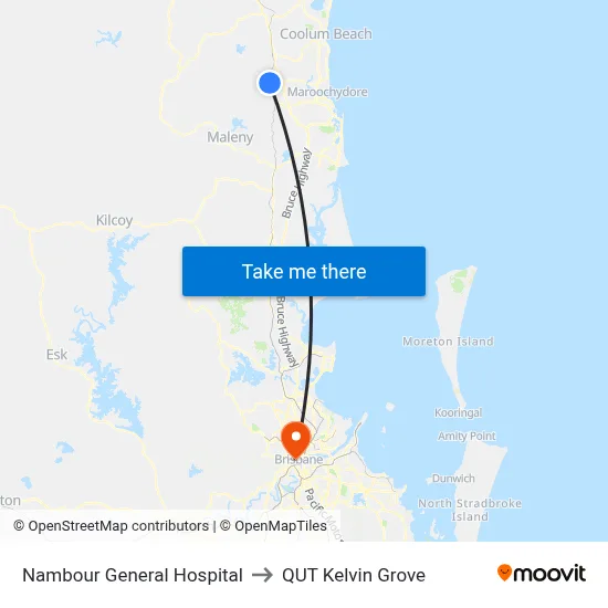 Nambour General Hospital to QUT Kelvin Grove map