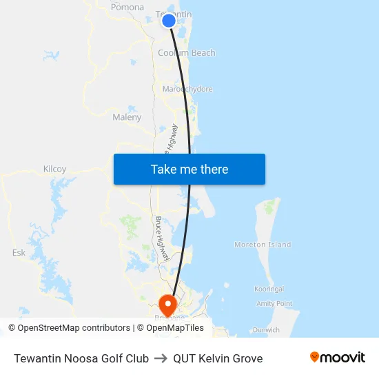 Tewantin Noosa Golf Club to QUT Kelvin Grove map