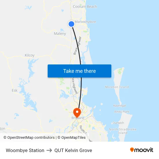 Woombye Station to QUT Kelvin Grove map