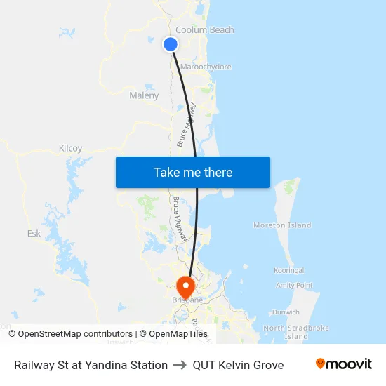 Railway St at Yandina Station to QUT Kelvin Grove map