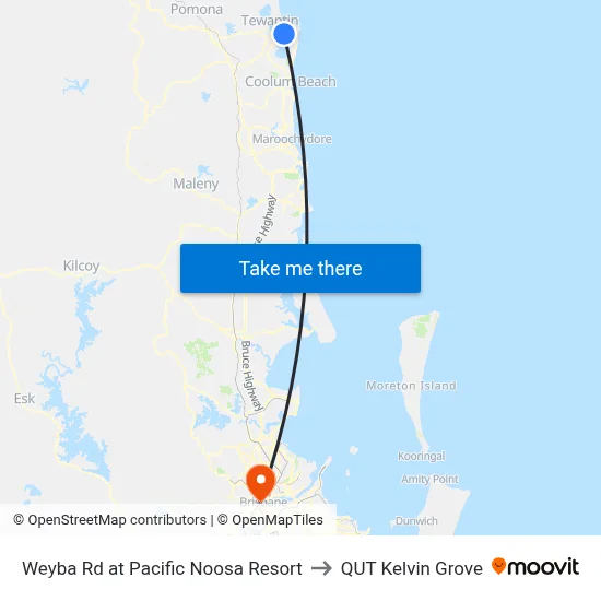 Weyba Rd at Pacific Noosa Resort to QUT Kelvin Grove map