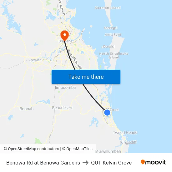 Benowa Rd at Benowa Gardens to QUT Kelvin Grove map