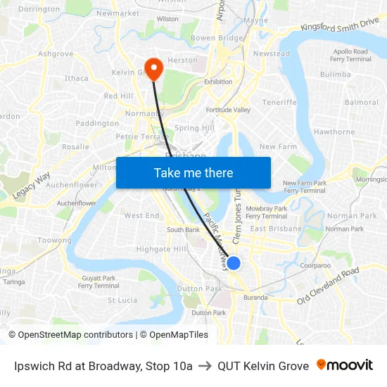 Ipswich Rd at Broadway, Stop 10a to QUT Kelvin Grove map