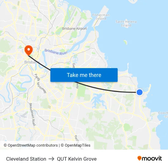 Cleveland Station to QUT Kelvin Grove map