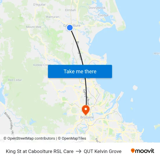 King St at Caboolture RSL Care to QUT Kelvin Grove map