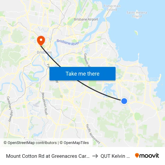 Mount Cotton Rd at Greenacres Caravan Park to QUT Kelvin Grove map