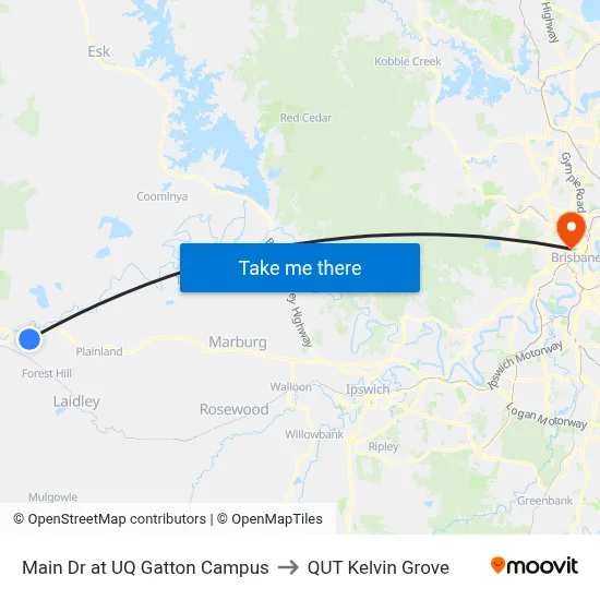 Main Dr at UQ Gatton Campus to QUT Kelvin Grove map