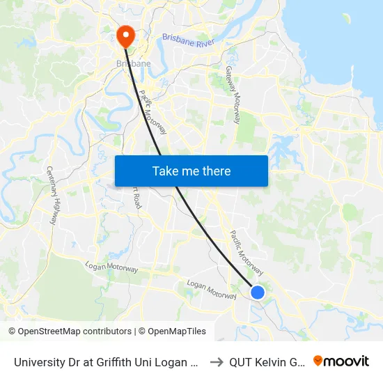 University Dr at Griffith Uni Logan Campus to QUT Kelvin Grove map