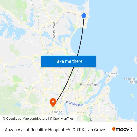 Anzac Ave at Redcliffe Hospital to QUT Kelvin Grove map