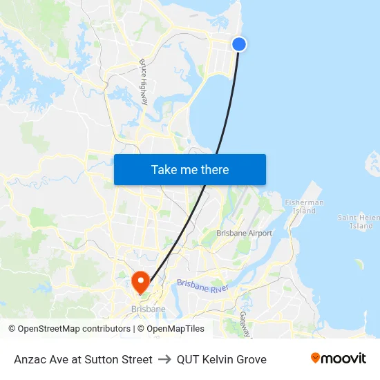 Anzac Ave at Sutton Street to QUT Kelvin Grove map