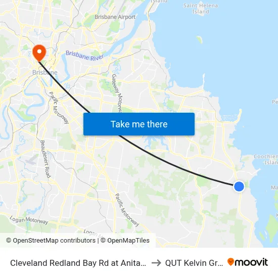 Cleveland Redland Bay Rd at Anita Street to QUT Kelvin Grove map