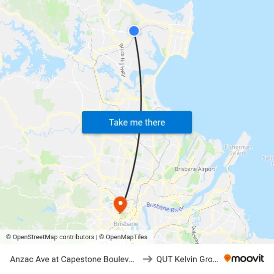 Anzac Ave at Capestone Boulevard to QUT Kelvin Grove map