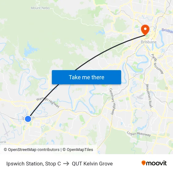Ipswich Station, Stop C to QUT Kelvin Grove map