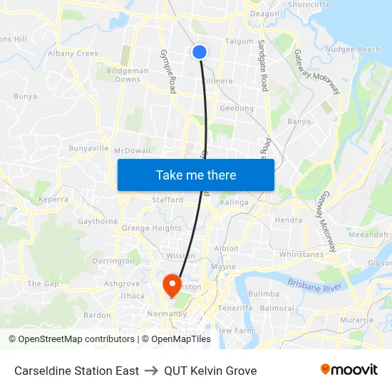 Carseldine Station East to QUT Kelvin Grove map