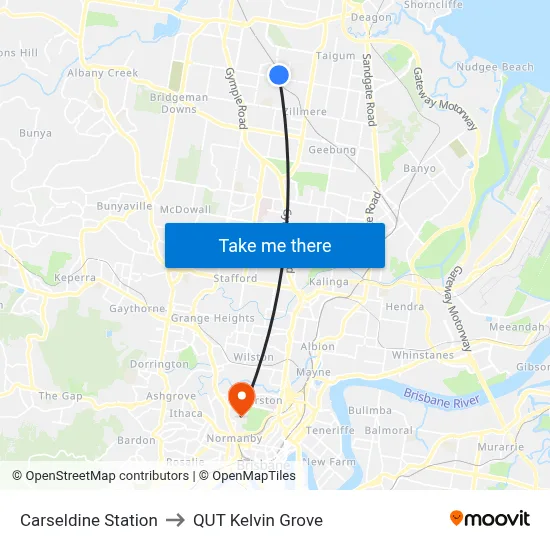 Carseldine Station to QUT Kelvin Grove map