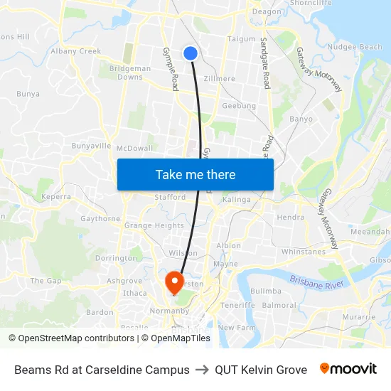 Beams Rd at Carseldine Campus to QUT Kelvin Grove map