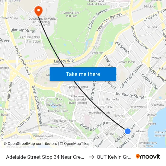 Adelaide Street Stop 34 Near Creek St to QUT Kelvin Grove map