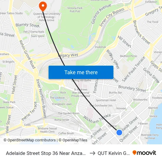 Adelaide Street Stop 36 Near Anzac Square to QUT Kelvin Grove map