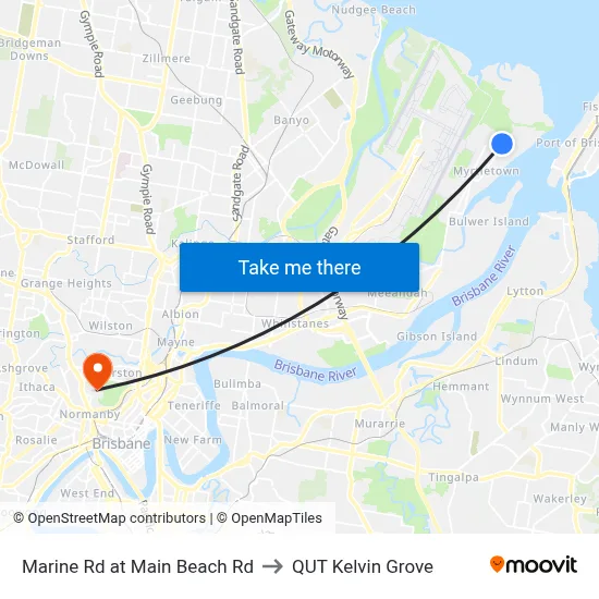 Marine Rd at Main Beach Rd to QUT Kelvin Grove map
