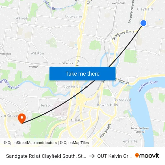 Sandgate Rd at Clayfield South, Stop 23 to QUT Kelvin Grove map