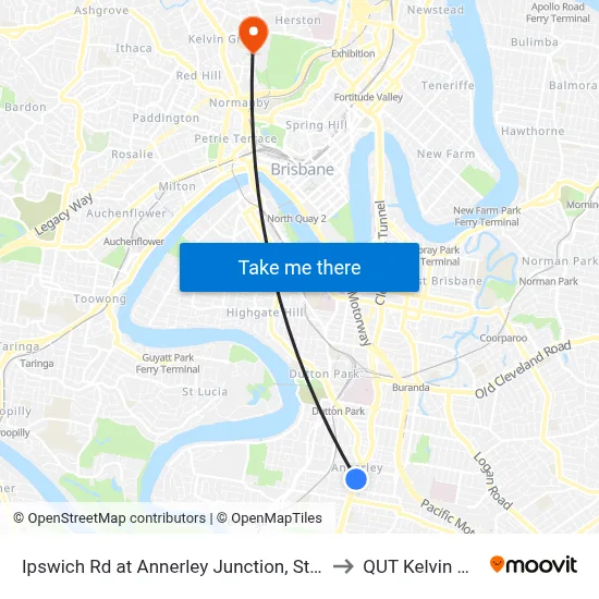 Ipswich Rd at Annerley Junction, Stop 22/21 to QUT Kelvin Grove map