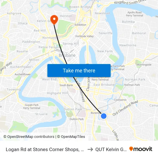 Logan Rd at Stones Corner Shops, Stop 17a to QUT Kelvin Grove map
