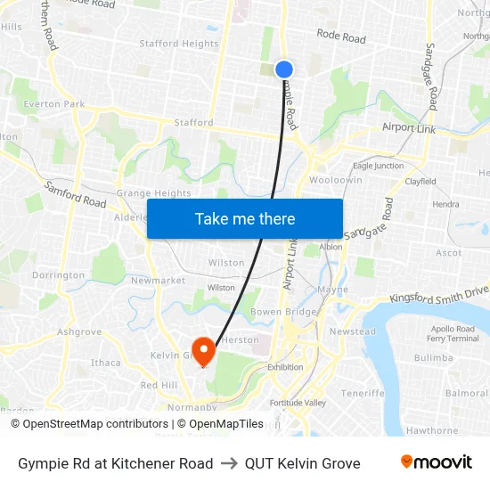Gympie Rd at Kitchener Road to QUT Kelvin Grove map