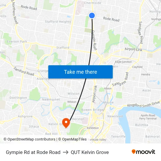 Gympie Rd at Rode Road to QUT Kelvin Grove map