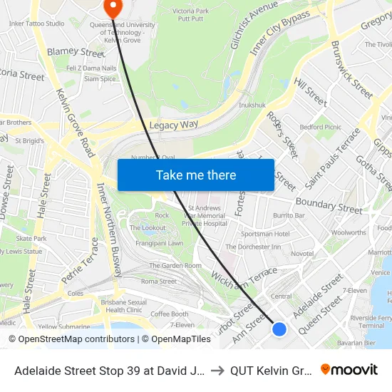 Adelaide Street Stop 39 at David Jones to QUT Kelvin Grove map