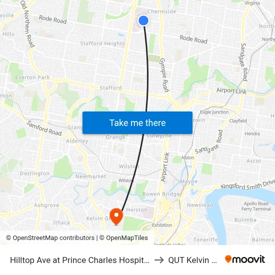 Hilltop Ave at Prince Charles Hospital, Stop 35 to QUT Kelvin Grove map