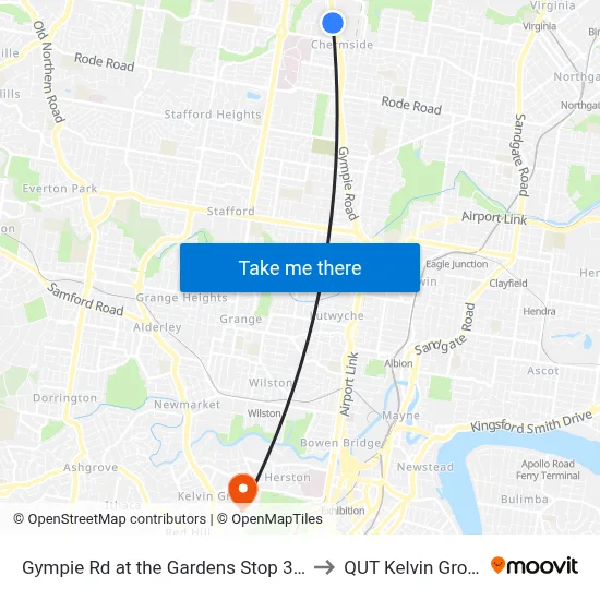 Gympie Rd at the Gardens Stop 38a to QUT Kelvin Grove map