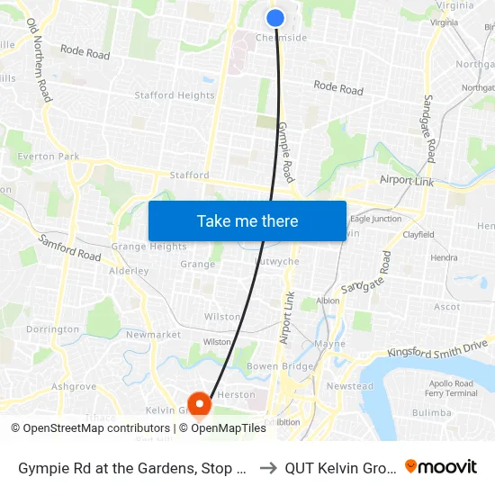 Gympie Rd at the Gardens, Stop 38a to QUT Kelvin Grove map