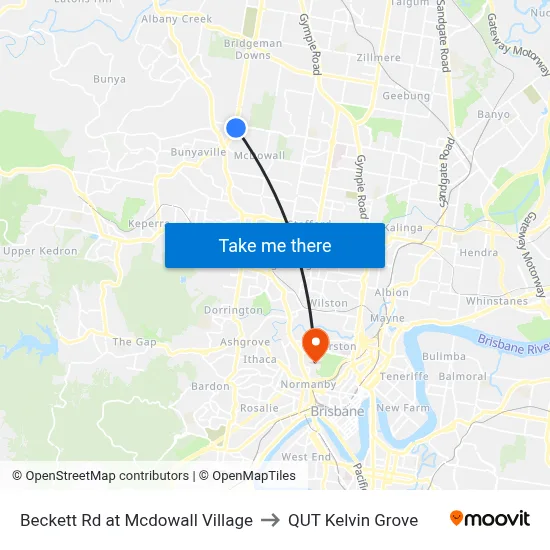 Beckett Rd at Mcdowall Village to QUT Kelvin Grove map