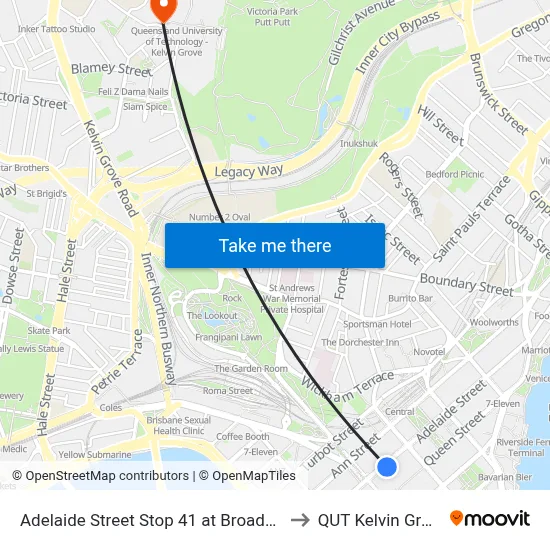 Adelaide Street Stop 41 at Broadway to QUT Kelvin Grove map