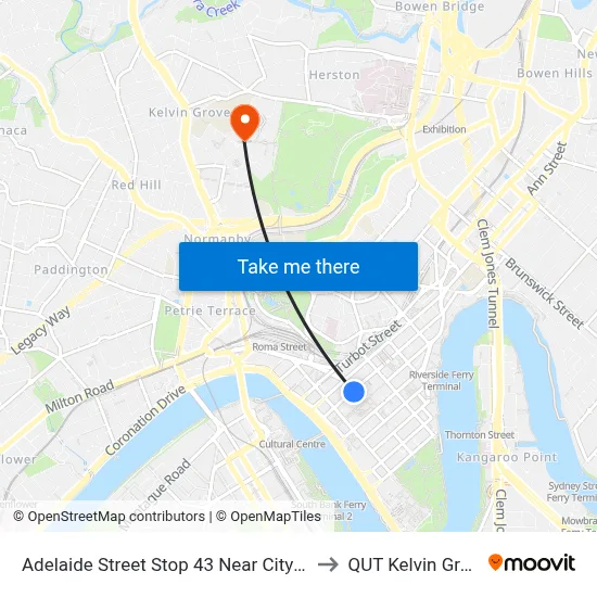 Adelaide Street Stop 43 Near City Hall to QUT Kelvin Grove map