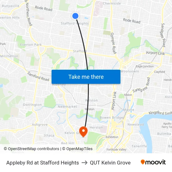 Appleby Rd at Stafford Heights to QUT Kelvin Grove map