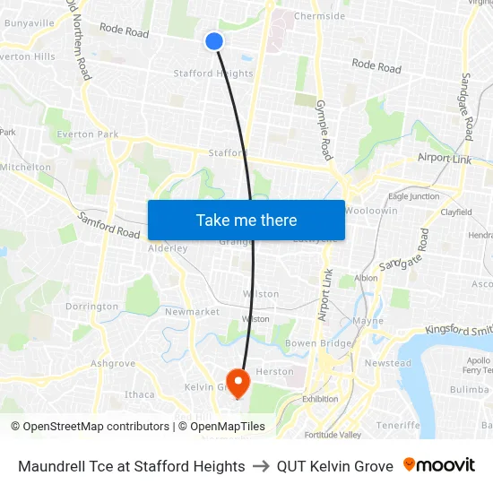 Maundrell Tce at Stafford Heights to QUT Kelvin Grove map