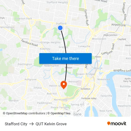 Stafford City to QUT Kelvin Grove map