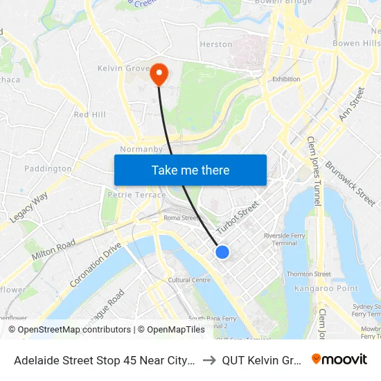 Adelaide Street Stop 45 Near City Hall to QUT Kelvin Grove map