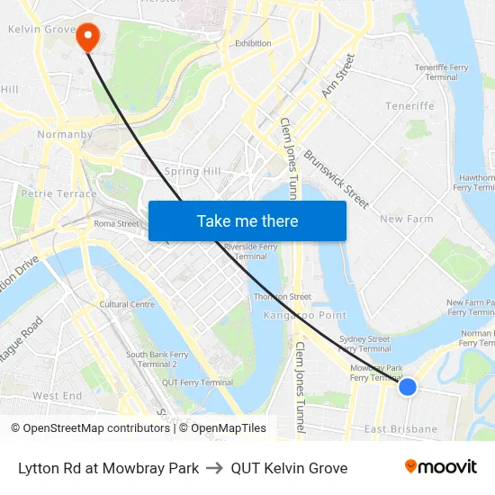 Lytton Rd at Mowbray Park to QUT Kelvin Grove map