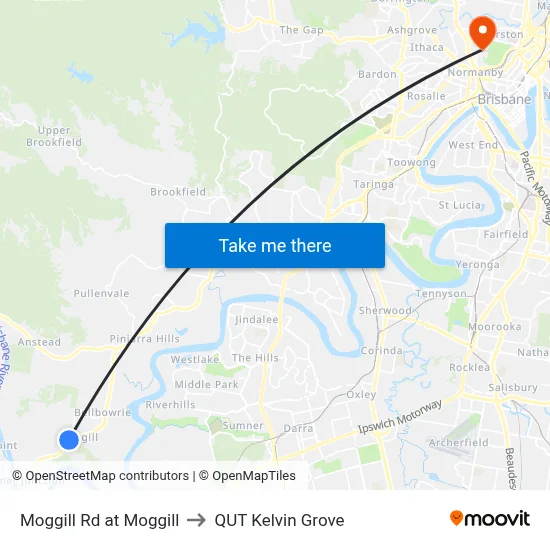 Moggill Rd at Moggill to QUT Kelvin Grove map