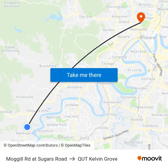 Moggill Rd at Sugars Road to QUT Kelvin Grove map