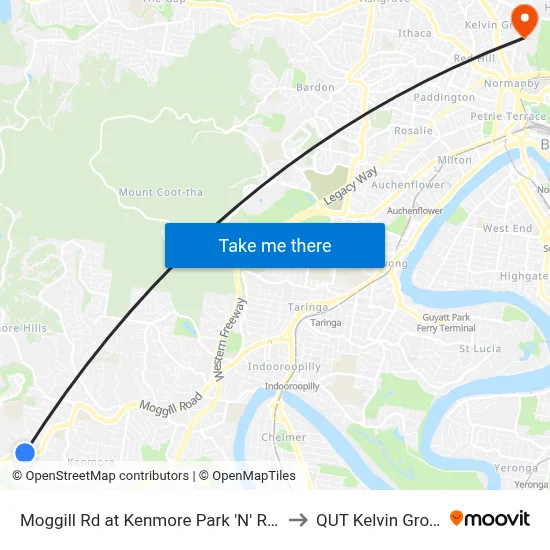 Moggill Rd at Kenmore Park 'N' Ride to QUT Kelvin Grove map