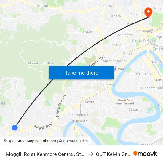 Moggill Rd at Kenmore Central, Stop 37 to QUT Kelvin Grove map