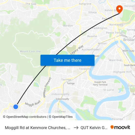 Moggill Rd at Kenmore Churches, Stop 35 to QUT Kelvin Grove map