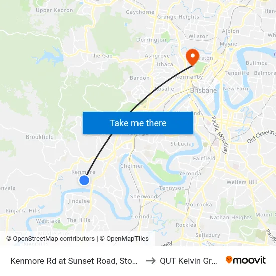 Kenmore Rd at Sunset Road, Stop 45 to QUT Kelvin Grove map