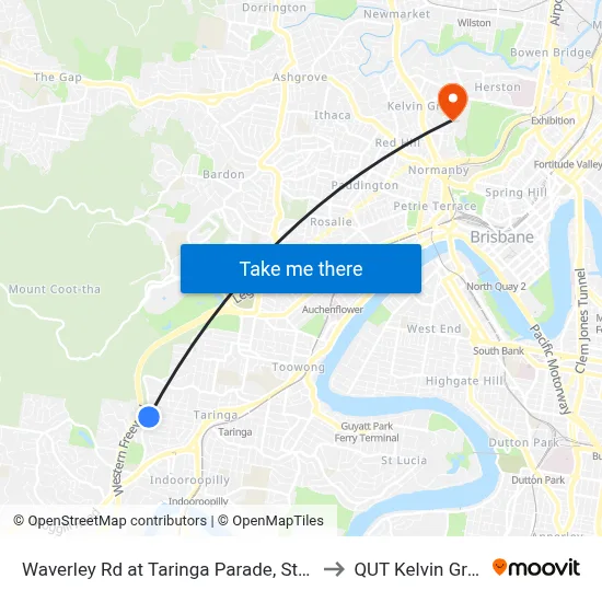 Waverley Rd at Taringa Parade, Stop 27 to QUT Kelvin Grove map