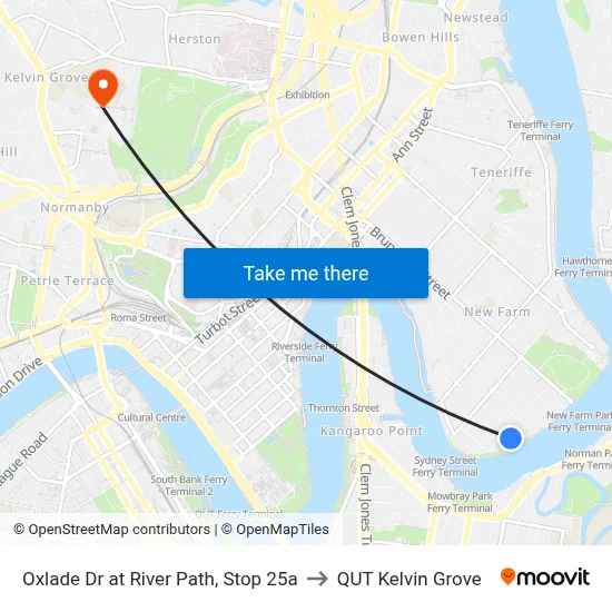 Oxlade Dr at River Path, Stop 25a to QUT Kelvin Grove map