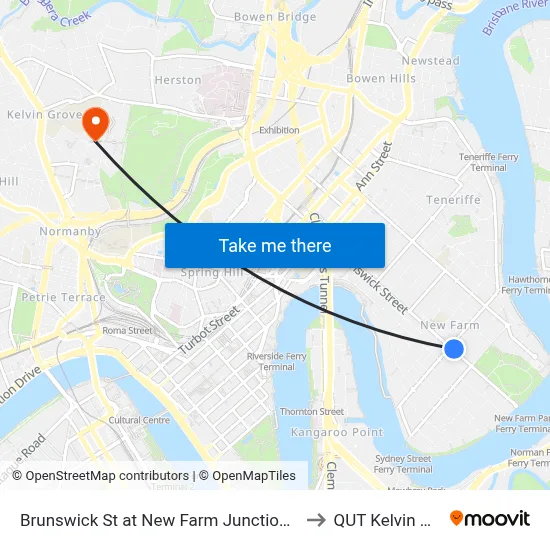 Brunswick St at New Farm Junction, Stop 14 to QUT Kelvin Grove map