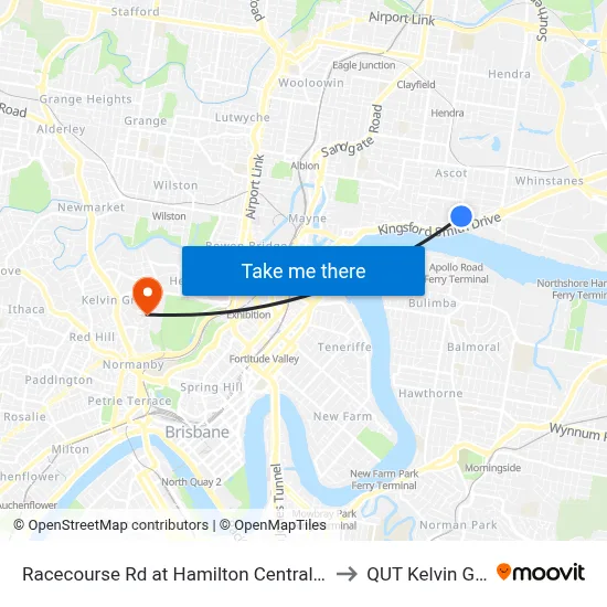 Racecourse Rd at Hamilton Central, Stop 20 to QUT Kelvin Grove map